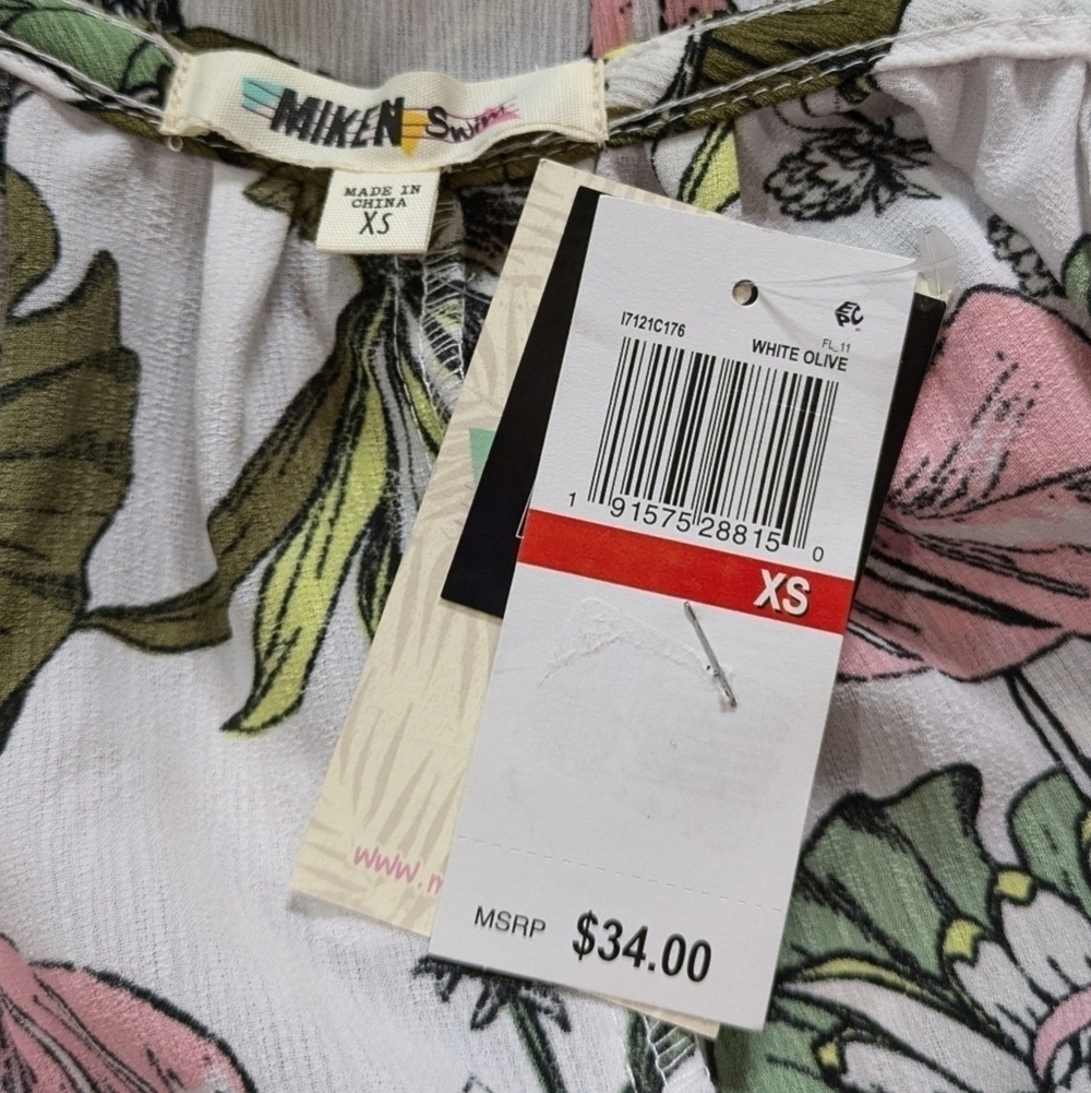 ✨3/$15 NWT Miken Swim white green tropical monstera floral swim cover up XS - Picture 6 of 8